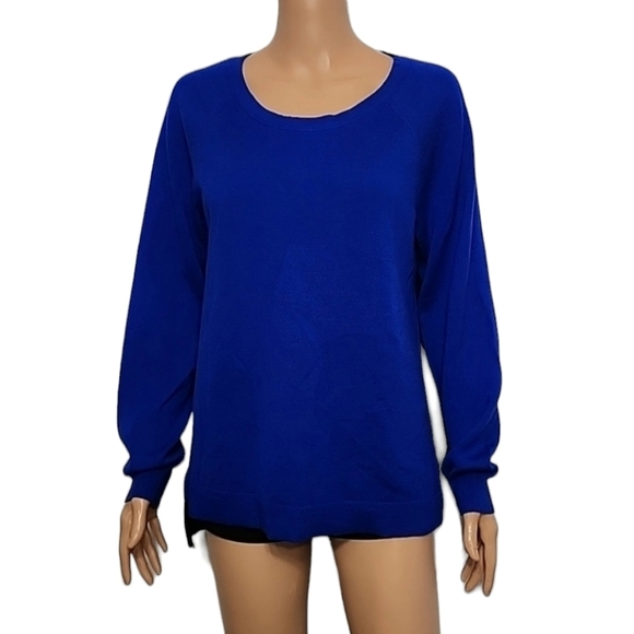 Calvin Klein Womens Sweater Blue Black‎ ColorBlock Jewel Neck Wool Blend  Size L - Picture 1 of 10